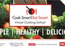 Cook Smart | Eat Smart Virtual Cooking School logo over broccoli stir-fry, text SIMPLE | HEALTHY | DELICIOUS