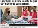 Residents 65+ wearing masks hand forms at a vaccination clinic; visible text: "65+ COVID-19 vaccinations"