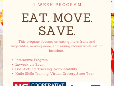 4-week program flyer titled "EAT. MOVE. SAVE." with NC Cooperative Extension logo