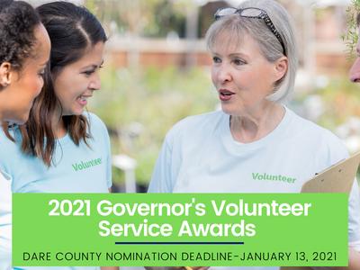 Volunteers talking; text: "2021 Governor's Volunteer Service Awards" and "Dare County nomination deadline Jan 13, 2021"