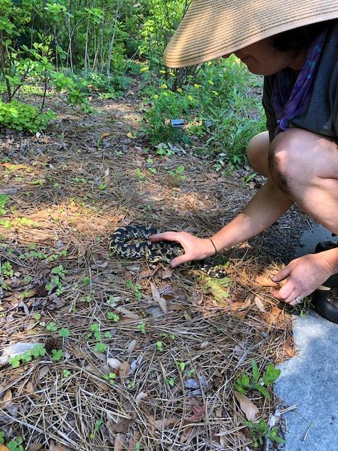 Man grabbing soil on trail
