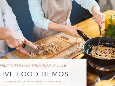 two women cooking & prepping flier for Live Food Demos
