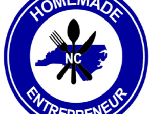 Blue circular badge reading "HOMEMADE ENTREPRENEUR" around NC map with "NC" and crossed fork, spoon, knife.