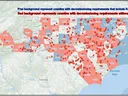 North Carolina map with counties in blue or red and red pins; legend: Blue=with FA, Red=without FA