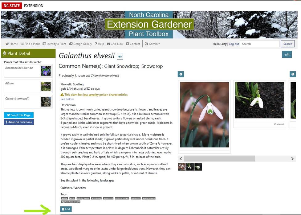 Screenshot showing button to add a plant to the shopping list