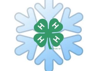 Blue snowflake behind a green 4-H clover with an "H" on each leaf