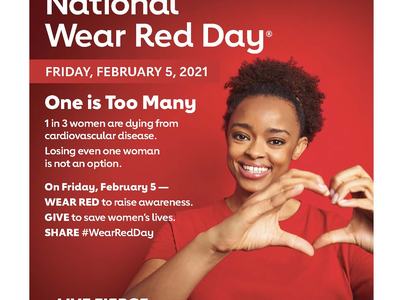 Woman in red forming a heart with hands; text: National Wear Red Day, Friday February 5, 2021