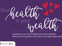 Purple graphic reading "Your health is your wealth" with red hearts and text mentioning "#OurHearts."