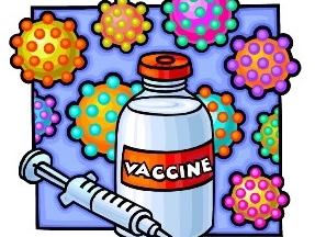 Vaccine vial labeled VACCINE with syringe and stylized virus particles in background