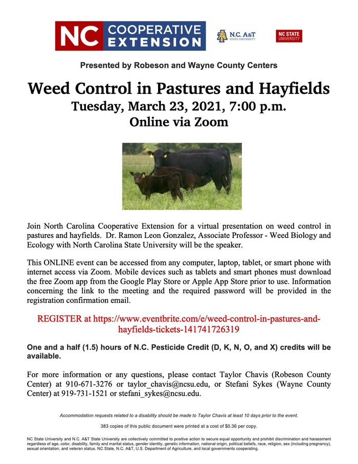 Weed Control in Pastures and Hayfields — Tue Mar 23, 2021 7:00 p.m. Online via Zoom
