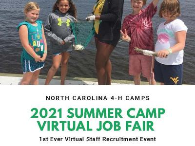 Group of counselor and four children on dock; text: "2021 Summer Camp Virtual Job Fair, Feb 25 7–9 PM via Zoom"