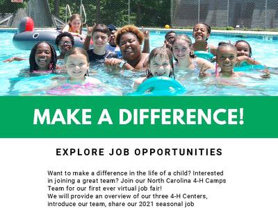 Group of children in a pool; flyer headline "MAKE A DIFFERENCE!" and "EXPLORE JOB OPPORTUNITIES"