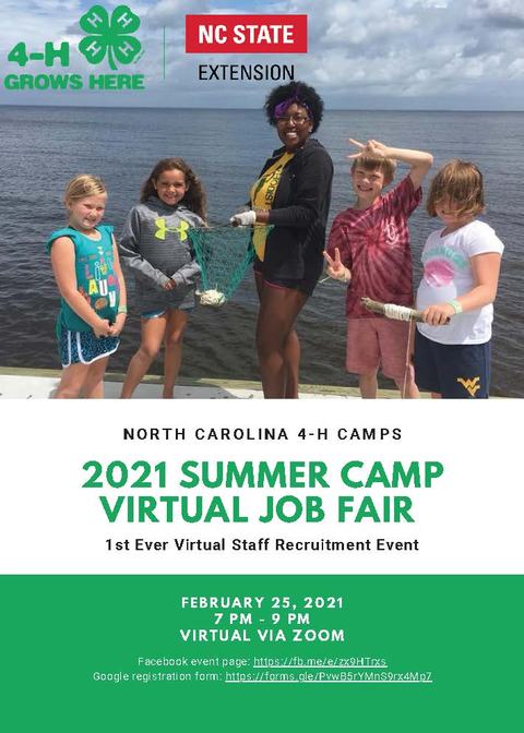 Group of counselor and four children on dock; text: "2021 Summer Camp Virtual Job Fair, Feb 25 7–9 PM via Zoom"