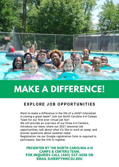 Group of children in a pool; flyer headline "MAKE A DIFFERENCE!" and "EXPLORE JOB OPPORTUNITIES"
