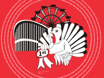 Turkey wearing 1st ribbon in front of Ferris wheel and grandstand on red background