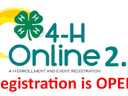 4-H clover logo and text "4-H Online 2.0" with bold red "Registration is OPEN!"