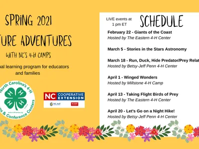 Spring 2021 Nature Adventures with NC's 4-H Camps — schedule of live event dates