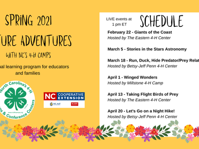 Spring 2021 Nature Adventures with NC's 4-H Camps — schedule of live event dates
