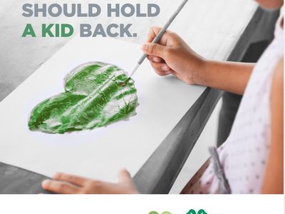 Child painting a green heart; text "NOTHING SHOULD HOLD A KID BACK." and JOANN and 4‑H logos