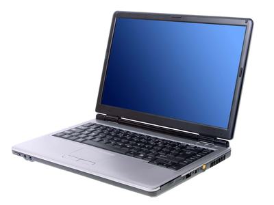 Open silver laptop with blue blank screen and visible keyboard