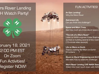 Mars Rover Landing 4-H Watch Party — Feb 18, 2021, 2:00 PM EST on Zoom; Register NOW
