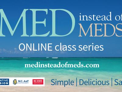 Online Med instead of Meds flyer with beach background