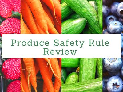 Strawberries, carrots, cucumbers and blueberries with centered text "Produce Safety Rule Review"
