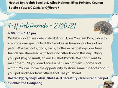 PEAK NC State 4‑H virtual events: Showing Animals 2/15; Pet Parade 2/20; Tea Party 2/25. Register: v2.4honline.com