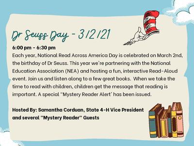 4-H events flyer: 4-H Goes Red 2/26/21; Dr Seuss Day 3/2/21; Mustache March 3/22/21