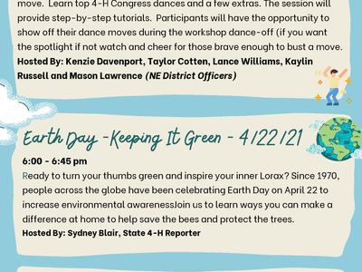 Poster listing 4-H virtual event titles and dates from 3/27/21 to 5/19/21