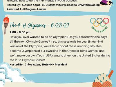 4-H event flyer listing sessions: Teamwork 5/20/21, Yoga 6/10/21, Olympics 6/23/21, Dessert 7/9/21