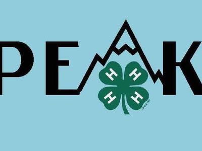 Word "PEAK" with mountain-shaped A and green 4‑H four-leaf clover replacing the A