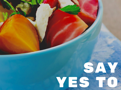 Say Yes to Healthy foods photo with bowl of fruits