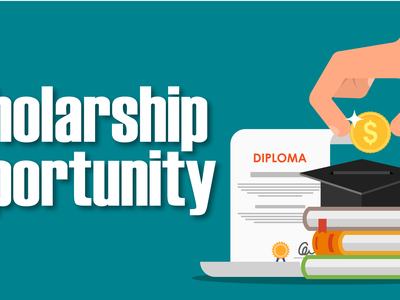 Scholarship Opportunity text with diploma, graduation cap, books, and hand dropping coin