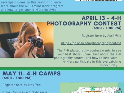 Upcoming 4-H Volunteer Trainings: Mar 9 Ambassador; Apr 13 Photography; May 11 Camps; Jun 8 Growing Resilient