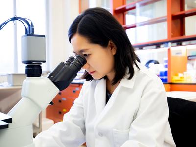 Dr. Walker seated at a microscope