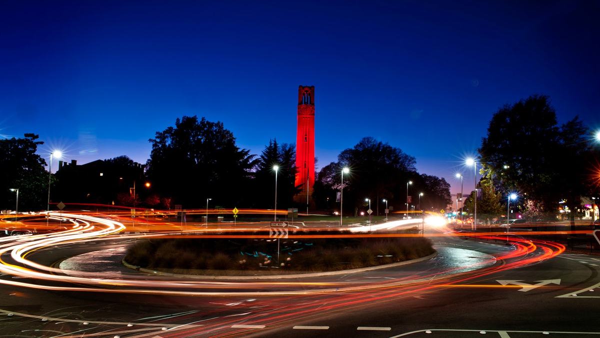 Photo of NC State Bell Tower at dusk