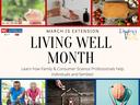 image of Living Well Month and pictures of piggy bank for financial management education Hand washing for food safety cutting board and vegetables for healthy eating people stretching for physical activity design of home for healthy home and brain for men
