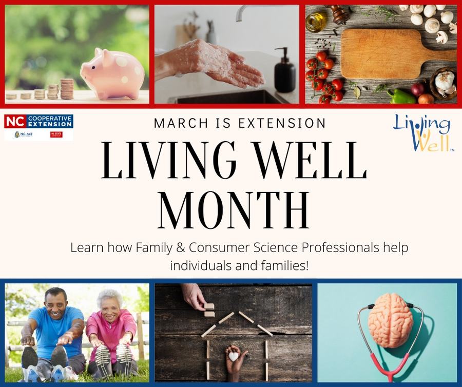 image of Living Well Month and pictures of piggy bank for financial management education Hand washing for food safety cutting board and vegetables for healthy eating people stretching for physical activity design of home for healthy home and brain for mental health work that Family and Consumer Science agents do
