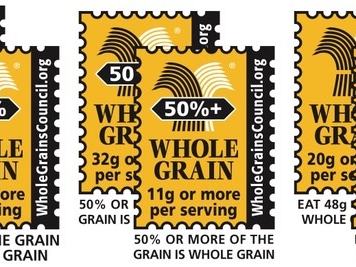 Three yellow WholeGrainsCouncil.org labels: "100% WHOLE GRAIN", "50%+ WHOLE GRAIN", "WHOLE GRAIN" (grams per serving).
