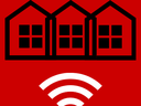Icon showing row of three houses above wifi signal logo- Broadband in Community and Rural Development