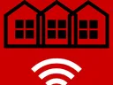 Icon showing row of three houses above wifi signal logo- Broadband in Community and Rural Development