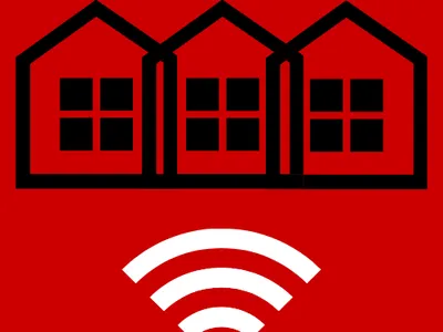 Icon showing row of three houses above wifi signal logo- Broadband in Community and Rural Development