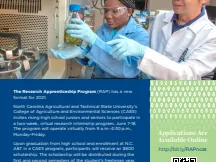 Two lab researchers wearing gloves and goggles handling a flask; text 'RAP 2021' and deadline Feb 26, 2021.