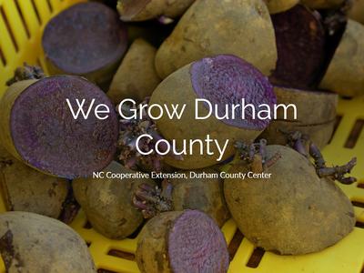 Purple-fleshed potatoes in yellow crate; overlaid text "We Grow Durham County"