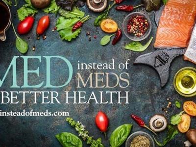 MED instead of MEDS for BETTER HEALTH text over assorted fresh foods and salmon