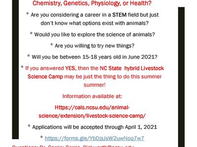 Flyer for NC State Livestock Science Camp June 28–July 3, 2021 with website and contact info