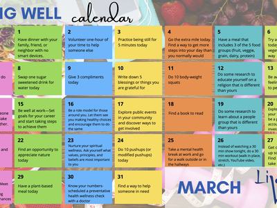 Living Well March calendar displaying 31 colorful daily wellness tips