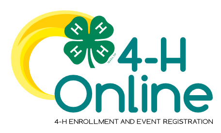 4-H Online Logo and statement that says 4-H enrollment and event registration. There is a clover golden swoosh behind it.