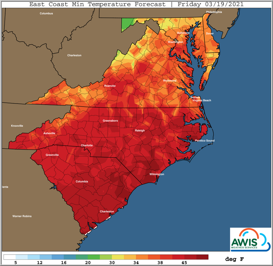 Minimum temp forecast for Friday map